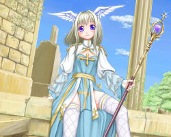  1girl 2000s_(style) arch_bishop_(ragnarok_online) blue_dress blue_sky blush cleavage_cutout closed_mouth clothing_cutout cloud column commentary_request cross day dress feathered_wings feet_out_of_frame fishnet_thighhighs fishnets frilled_thighhighs frills grey_hair hair_intakes head_wings highres holding holding_staff juliet_sleeves kahis_(sweetbriar) long_sleeves looking_at_viewer medium_hair outdoors pelvic_curtain pillar plant puffy_sleeves purple_eyes ragnarok_online ruins sash sitting sky smile solo staff thighhighs tree two-tone_dress vines white_dress white_thighhighs white_wings wings yellow_sash 