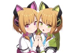 2girls animal_ear_headphones blue_archive blue_necktie cat_ear_headphones fake_animal_ears green_eyes headphones highres jacket looking_at_viewer midori_(blue_archive) momoi_(blue_archive) multiple_girls necktie pink_hair school_uniform shirt siblings sizque twins upper_body white_background white_shirt rating:Sensitive score:8 user:buster2222