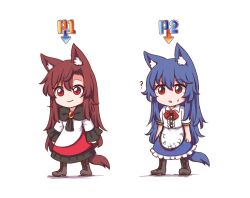  2girls ? animal_ear_fluff animal_ears black_boots blue_dress blue_hair boots brooch brown_hair dress drop_shadow frills hinanawi_tenshi imaizumi_kagerou jewelry kemonomimi_mode long_hair long_sleeves metal_slug multiple_girls puffy_sleeves red_eyes ribbon short_sleeves simple_background tail touhou white_background wide_sleeves wolf_ears wolf_tail wool_(miwol) 