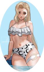  1girl absurdres alternate_costume arialla_draws artist_name bikini blonde_hair blue_eyes breasts dagger_(marvel) earrings highres jewelry large_breasts long_hair looking_at_viewer marvel marvel_rivals navel patreon_username signature solo swimsuit underboob watermark web_address white_bikini 
