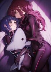  2girls black_bodysuit blue_eyes blue_hair bodysuit breasts cleavage duel_monster evil_twin_ki-sikil evil_twin_lil-la genyaky gloves highres ki-sikil_(yu-gi-oh!) large_breasts lil-la_(yu-gi-oh!) long_hair multiple_girls pink_hair short_hair skin_tight smile stuffed_animal stuffed_shark stuffed_toy yu-gi-oh! yuri 