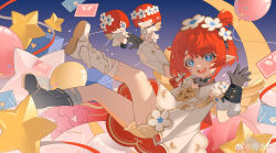  1girl :d absurdres bad_id bad_weibo_id balloon black_gloves blue_eyes boots box chibi child deji_zz dress flower full_body gift gift_box gloves hair_flower hair_ornament head_wreath highres honkai:_star_rail honkai_(series) looking_at_viewer open_mouth pointy_ears red_hair short_hair smile solo teeth trianne_(honkai:_star_rail) tribbie_(honkai:_star_rail) trinnon_(honkai:_star_rail) upper_teeth_only watermark waving weibo_watermark white_dress white_flower 