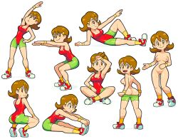  1girl 5-volt absurdres ass breasts brown_eyes brown_hair cleft_of_venus commentary english_commentary green_pants hair_ornament hairclip highres looking_at_viewer medium_breasts multiple_views nintendo nipples nude open_mouth pants pulling_own_clothes pussy red_footwear shenanimation short_hair smile squatting stretching sweat teasing warioware workout_clothes 