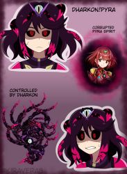 1girl alternate_color alternate_eye_color alternate_hair_color angry black_sclera colored_sclera corruption crossover dark_persona dharkon english_text glowing glowing_eyes hal_laboratory highres kiravera8 looking_at_viewer monolith_soft nintendo possessed possession pyra_(xenoblade) red_hair short_hair smile super_smash_bros. sweat sweatdrop tiara watermark xeno_(series) xenoblade_chronicles_(series) xenoblade_chronicles_2 rating:Sensitive score:13 user:danbooru