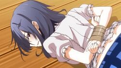 10s 1girl 2017 animated animated_gif anus arms_behind_back ass assisted_exposure bdsm bondage bound butt_crack censored female_focus ikoma_yui panties panty_pull pussy tagme tape tape_bondage top-down_bottom-up toriko_no_(series) toriko_no_kusari underwear wooden_floor 