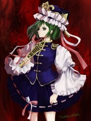  1girl blue_skirt blue_vest closed_mouth cowboy_shot epaulettes floral_background flower frilled_hat frills green_eyes green_hair hat highres holding long_sleeves natsuakari profile red_background red_ribbon ribbon rod_of_remorse shiki_eiki short_hair skirt solo spider_lily touhou vest white_ribbon white_sleeves 