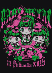  2015 3girls :3 \m/ babymetal band_poster blood blunt_bangs deformed double_\m/ eyelashes eyeshadow goth_fashion green_hair heavy_metal kikuchi_moa makeup mizuno_yui multiple_girls nakamoto_suzuka open_mouth pink_blood pink_eyeshadow ponytail real_life sekiya_yurie smile 