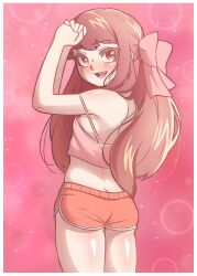  1girl :d absurdres arms_up ass bad_link blush bow breasts brown_hair butt_crack colored_eyelashes drawfag hair_bow highres long_hair looking_back midriff open_mouth own_hands_together pink_background pink_bow pink_theme red_eyes red_shorts rin_(shelter) shelter_(song) short_shorts shorts small_breasts smile solo standing strap_slip 