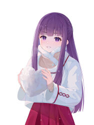  1girl blunt_bangs blush breasts fern_(sousou_no_frieren) heart highres holding holding_heart jacket long_hair long_sleeves purple_eyes purple_hair red_skirt risdandr simple_background skirt snow solo sousou_no_frieren standing white_background white_jacket 