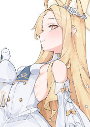  1girl absurdres ahti animal_ear_fluff animal_ears bare_shoulders bird blonde_hair blue_archive blush bow breasts closed_mouth detached_sleeves dress flower fox_ears fox_girl from_side hair_flower hair_ornament highres light_smile long_hair looking_at_viewer looking_to_the_side necktie orange_bow parted_bangs seia_(blue_archive) sideboob simple_background skin_tight sleeveless sleeveless_dress small_breasts solo white_background white_bird white_bow white_dress yellow_eyes 