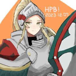  1girl armor blonde_hair fire_emblem fire_emblem_engage full_armor grey_armor happy_birthday high_ponytail highres jade_(fire_emblem) k2aor looking_at_viewer made_in_2023 nintendo plate_armor ponytail sidelocks solo upper_body yellow_eyes 
