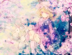  1girl animal blonde_hair cherry_blossoms dress feet_out_of_frame grass green_background hat highres knees light_smile long_sleeves maribel_hearn medium_hair mob_cap pink_hat pink_socks purple_dress purple_eyes rabbit sanuo sleeping_animal socks solo touhou tree 