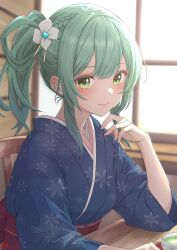  arm_on_table blue_kimono blurry blurry_background blush braid breasts chair character_request closed_mouth commentary_request copyright_request cup depth_of_field double-parted_bangs drink elbow_on_table flower green_eyes green_hair hair_flower hair_ornament half_up_braid hand_up highres japanese_clothes kimono long_hair long_sidelocks long_sleeves looking_at_viewer mikan_mizu obi on_chair print_kimono red_sash sash side_ponytail sidelocks sitting smile snowflake_print table upper_body virtual_youtuber white_flower window windowsill wooden_chair wooden_table 
