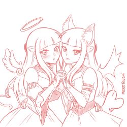  2girls absurdres angel angel_wings animal_ears arm_belt artist_name bare_shoulders blush commentary demon_girl demon_tail demon_wings derivative_work detached_wings english_commentary halo hand_on_another&#039;s_hip highres holding_hands long_hair merotenshi monochrome multiple_girls original signature skirt straight_hair tail wings wolf_ears 