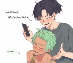  2boys bangs_pinned_back black_hair cellphone_charm charm_(object) closed_eyes cove_holden curtained_hair english_text flustered green_eyes green_hair grin holding holding_phone jewelry main_character_(our_life) multiple_boys one_eye_closed our_life:_beginnings_and_always outstretched_hand phone ring ryuuieu smile tank_top upper_body white_background 