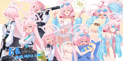 &gt;_&lt; 1girl :d absurdres aged_down aiming arm_behind_back ass bent_over bikini bikini_skirt bikini_under_clothes black_gloves black_skirt blue_archive blue_eyes blue_jacket blue_necktie blush breasts bulletproof_vest butt_crack carrying_bag cleavage closed_eyes collared_shirt commentary_request crossed_arms crying crying_with_eyes_open drooling expressionless eyewear_on_head facing_viewer fallen_down fang fingerless_gloves from_side gloves gun hair_between_eyes hair_bobbles hair_ornament halo hand_on_own_thigh hand_to_own_mouth hand_up hands_up happy heterochromia highres holding holding_pillow holding_weapon hoshino_(blue_archive) hoshino_(swimsuit)_(blue_archive) id_card jacket kneeling leaning_forward leaning_on_object long_hair long_sleeves looking_at_viewer medium_hair medium_skirt midriff miniskirt multiple_persona navel necktie no_jacket off_shoulder open_clothes open_jacket open_mouth orange_eyes pillow pink_hair plaid_clothes plaid_skirt pleated_skirt school_uniform see-through_clothes serious shirt short_hair shotgun sitting skirt sleepy small_breasts smile speech_bubble sunglasses swimsuit tears twintails very_long_hair weapon white_bikini white_shirt xintianou yawning yellow_eyes rating:Sensitive score:16 user:danbooru