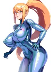  1girl blonde_hair blue_bodysuit blue_eyes blush bodysuit breasts covered_erect_nipples covered_navel highres large_breasts latex latex_bodysuit long_hair looking_at_viewer metroid mole mole_under_mouth nintendo ponytail samus_aran solo thighs volyz zero_suit 