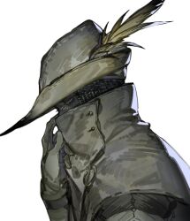  1boy adjusting_clothes adjusting_collar alternate_costume armor chainmail dark-skinned_male dark_skin elden_ring elden_ring_nightreign from_side gloves hat hat_feather high_collar highres ironeye_(elden_ring) looking_to_the_side official_alternate_costume riio solo white_background yellow_eyes 