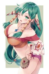  1girl breasts commission feena_(grandia) grandia grandia_i green_eyes green_hair hair_ornament hair_tubes hime_gyo jewelry long_hair looking_at_viewer low-tied_long_hair midriff nail_(hardware) necklace one_eye_closed open_mouth skeb_commission skirt smile solo wide_sleeves 