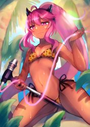  1girl animal_print bemani bikini black_horns breasts dark_skin grace_(sound_voltex) highres horns kuronakyumaru leopard_print leopard_print_bikini pink_eyes pink_hair side-tie_bikini_bottom small_breasts sound_voltex swimsuit  rating:Questionable score:14 user:BlackRockShooter109