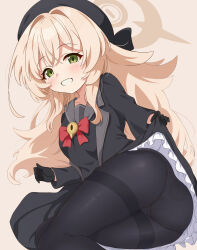 1girl ass black_gloves black_hat black_pantyhose black_skirt blonde_hair blue_archive blush brown_background brown_halo clothes_lift commentary_request gloves green_eyes halo hat highres itaba_atsushi lifting_own_clothes loli long_hair long_sleeves looking_at_viewer pantyhose presenting presenting_ass professor_niyaniya_(blue_archive) skirt skirt_lift solo rating:Sensitive score:36 user:danbooru