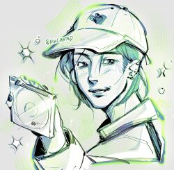  1girl baseball_cap cd cd_case commentary ear_piercing english_commentary hand_up hat highres holding_cd kininatteru_hito_ga_otoko_ja_nakatta koga_mitsuki long_sleeves mole mole_under_eye monochrome nail_polish parted_lips piercing portrait proxcinity shirt smile solo twitter_username 