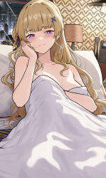 1girl absurdres adjusting_hair black_bow blonde_hair bow breasts closed_mouth collarbone commentary desk_lamp english_commentary hair_bow hair_in_own_mouth hair_ornament hand_in_own_hair highres indoors lamp light_blush long_hair looking_at_viewer medium_breasts on_bed phoebe_(wuthering_waves) pillow purple_eyes revision ryeon_(naturesan) solo striped_bow under_covers very_long_hair window wuthering_waves x_hair_ornament rating:Questionable score:31 user:danbooru