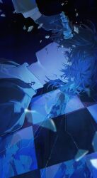  2boys akechi_gorou amamiya_ren black_eyes black_gloves black_hair black_jacket blue_light blue_theme broken_glass brown_hair brown_jacket chess_piece commentary crack different_reflection doran_(doran7280) english_commentary from_side glass glass_shards gloves hair_between_eyes highres holding holding_chess_piece implied_yaoi jacket light_particles long_sleeves looking_at_another looking_up lying male_focus multiple_boys on_back out_of_frame parted_lips persona persona_5 reflection reflective_floor shards shirt short_hair solo_focus turtleneck upper_body white_shirt 