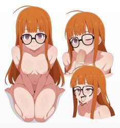  1boy 1girl absurdres after_fellatio ahoge armpit_crease artist_name between_legs blunt_bangs breasts breasts_apart brown_eyes censored closed_mouth collarbone completely_nude cum cum_in_mouth cum_on_body cum_on_eyewear cum_on_tongue cumdrip erection facial fellatio from_above full_body glasses groin guilegaze half-closed_eye hand_between_legs handjob hetero highres knees_together_feet_apart long_hair long_sidelocks looking_at_viewer medium_breasts mosaic_censoring multiple_views navel nipples nude on_floor one_eye_closed oral orange_hair penis persona persona_5 sakura_futaba shiny_skin sidelocks simple_background sitting smile solo_focus stomach straight_hair teeth thighs tongue tongue_out twitter_username upper_teeth_only v_arms very_long_hair wariza white_background 