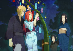  2boys 2girls asa_no_ha_(pattern) black_eyes black_hair blonde_hair blue_eyes fusion-s hand_fan highres holding holding_fan japanese_clothes kimono long_hair md5_mismatch multiple_boys multiple_girls namikaze_minato naruto_(series) naruto_shippuuden night night_sky paper_fan red_hair sayagata sky star_(sky) tanabata translation_request uchiha_itachi uchiha_mikoto uzumaki_kushina 