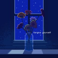  blue_theme chrysanthemum daisy_(flower) dark english_text flower highres night onlypixeeels original pixel_art still_life sunflower vase window_light windowsill 