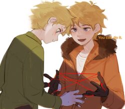  2boys back black_gloves blonde_hair blue_eyes closed_mouth commentary english_commentary english_text fur-trimmed_jacket fur_trim gloves green_shirt hood hooded_jacket jacket kenny_mccormick long_sleeves looking_at_another looking_down male_focus multiple_boys nervous open_mouth orange_hair orange_jacket rrrrrrrrrrrou1 shirt short_hair simple_background smile south_park string string_of_fate sweatdrop t-shirt teeth tweek_tweak upper_body white_background white_shirt 