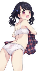  1girl absurdres animal_print ass bare_arms bare_legs bare_shoulders black_bow blush bow bra dress embarrassed female_focus flat_chest from_behind fukumaru_koito hair_bow highres idolmaster idolmaster_shiny_colors kuroba_aki loli looking_back open_mouth panties plaid_clothes plaid_dress print_panties rabbit_panties rabbit_print simple_background solo twintails underwear underwear_only unworn_dress white_background white_bra white_panties  rating:Questionable score:136 user:Domestic_Importer