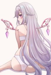  1girl 7nopi absurdres ass bikini closed_mouth detached_wings from_behind grey_hair hair_flaps hashtag-only_commentary highres hololive hololive_english koseki_bijou light_blush long_hair looking_at_viewer looking_back median_furrow metal_wings mini_wings purple_eyes sidelocks simple_background sitting solo swimsuit very_long_hair virtual_youtuber wariza white_background white_bikini wings 