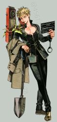 1boy 456123r0gue78 absurdres aqua_eyes bare_pectorals black_suit blonde_hair cuffs curly_hair earrings formal_clothes full_body giorno_giovanna handcuffs highres jewelry jojo_no_kimyou_na_bouken microphone_stand pectorals phone shovel single_earring solo suit vento_aureo 