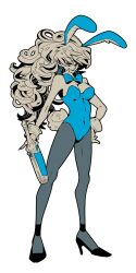  1girl animal_ears bare_shoulders black_pantyhose black_shoes blonde_hair blue_bow blue_bowtie blue_leotard blue_nails bottle bow bowtie breasts cleavage covered_navel curly_hair d_d_work detached_sleeves dragon_quest dragon_quest_iii dress earrings full_body gadabout_(dq3) hand_on_own_hip high_heels holding holding_bottle hoop_earrings jewelry leotard long_hair medium_breasts nail_polish pantyhose playboy_bunny rabbit_ears rabbit_tail shoes smile solo standing strapless strapless_dress tail white_background white_wrist_cuffs wrist_cuffs 