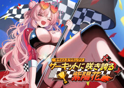  1girl absurdres alternate_costume asymmetrical_legwear bikini black_bikini black_choker black_skirt black_thighhighs blue_archive blurry breasts checkered_flag choker cleavage crossed_legs depth_of_field double_bun fang flag hair_bun heart heart-shaped_eyewear highleg highres holding holding_flag kirara_(blue_archive) kneehighs large_breasts long_hair long_sleeves looking_at_viewer midriff miniskirt one_eye_closed open_mouth panty_straps pink_eyes pink_hair race_queen red_shrug single_kneehigh single_sock single_thighhigh sitting skirt smile socks solo suisen_(suisenhwa) swimsuit team_cendrillon thigh_strap thighhighs thighs very_long_hair 