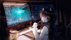 1girl animal_ear_fluff animal_ears artist_self-insert at_computer bare_shoulders black_choker black_hair blush cable cat_ears cat_girl cat_tail chair choker closed_mouth coffee coffee_mug collarbone commentary_request computer computer_keyboard computer_mouse corrupted_metadata cup curtains desk drawing_tablet dress_shirt female_focus hair_between_eyes highres indoors long_hair long_sleeves looking_at_viewer monitor mousepad_(object) mug night off_shoulder original photo_background red_eyes shirt sidelocks solo stylus table tail tail_raised white_shirt xing xingye_(xing) rating:Questionable score:15 user:danbooru