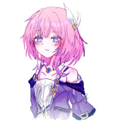  1girl absurdres blue_eyes breasts coat commentary_request cyrene_(honkai:_star_rail) dress hair_ornament highres honkai:_star_rail honkai_(series) jewelry looking_at_viewer multicolored_hair necklace pink_hair pink_pupils purple_coat satoumochi simple_background small_breasts smile solo two-tone_hair upper_body white_background white_dress white_hair 