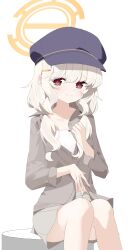 1girl absurdres aoba_(blue_archive) black_hat blue_archive blush bow_camisole brown_hair brown_jacket brown_skirt newsboy_cap camisole closed_mouth collarbone eyes_visible_through_hair flat_chest grey_hair hair_between_eyes hair_ornament hairclip halo hat highres jacket loli long_hair looking_at_viewer red_eyes sitting skirt solo sweatdrop white_background white_camisole yellow_halo zizhucan rating:Sensitive score:11 user:danbooru