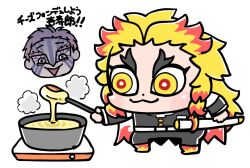  2boys :3 :d akaza_(kimetsu_no_yaiba) bkub blonde_hair blush bright_pupils cape chibi chibi_only closed_mouth colored_eyelashes colored_tips demon_slayer_uniform dot_nose forked_eyebrows katana kimetsu_no_yaiba long_hair male_focus mismatched_eyebrows multicolored_eyes multicolored_hair multiple_boys open_mouth pink_hair red_eyes red_hair rengoku_kyoujurou scabbard sheath short_hair simple_background smile sword text_in_eyes translation_request two-tone_eyes two-tone_hair weapon white_background white_pupils yellow_eyes 