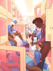  2futa 3boys 6+girls absurdres after_vaginal ass blonde_hair blue_boots blue_hat blue_jacket boots breasts brown_hair censored clothes_pull commentary cum cum_on_body dark-skinned_female dark-skinned_male dark_skin english_commentary facial ffm_threesome folded futa_on_male futa_with_male futanari group_sex hand_on_another&#039;s_head hat hetero high_heel_boots high_heels highres indoors interspecies jacket kneeling lifting_person long_sleeves mosaic_censoring multiple_boys multiple_futa multiple_girls nipples oral orgy paid_reward_available pants pants_pull penis reverse_suspended_congress sex sex_from_behind shirt short_hair slap_mark small_breasts the_fifth_element threesome vaginal very_dark_skin white_hair white_shirt xervidae 