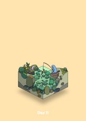 boulder commentary_request diorama fish fishing gozz highres isometric lobster moss orange_background original plant river sitting squirrel rating:General score:1 user:danbooru