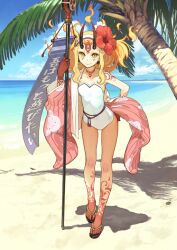  1girl banner bare_legs bare_shoulders beach black_claws blonde_hair blue_sky cloud collarbone colored_extremities colored_skin earrings facial_mark fate/grand_order fate_(series) fiery_hair flower flower_hairband forehead_mark full_body hairband hand_on_own_hip hibiscus hidari_(left_side) holding holding_pole horizon ibaraki_douji_(fate) ibaraki_douji_(swimsuit_lancer)_(fate) ibaraki_douji_(swimsuit_lancer)_(second_ascension)_(fate) japanese_clothes jewelry kimono leaning_forward long_hair long_sidelocks long_sleeves mitsudomoe_(shape) multicolored_skin no_socks obijime ocean off_shoulder official_art one-piece_swimsuit open_clothes open_kimono palm_tree pink_kimono pointy_ears pole red_flower red_skin rope_belt sand sandals sidelocks sky solo sphere_earrings strapless strapless_one-piece_swimsuit swimsuit third-party_source tomoe_(symbol) translation_request tree two-tone_skin variant_set white_hairband white_one-piece_swimsuit wide_sleeves zouri 