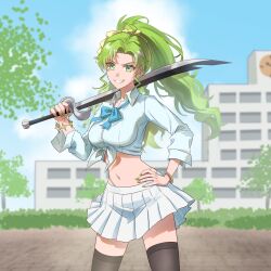  1girl :d ahoge alternate_costume alternate_hairstyle black_thighhighs bleach bleach:_sennen_kessen-hen blue_bow blue_bowtie blurry blurry_background bow bowtie bracelet breasts candice_catnipp collared_shirt commentary day deadman70232800 delinquent eyelashes eyes_visible_through_hair forehead green_eyes green_hair green_nails grin hair_bow hand_on_own_hip hand_up highleg highleg_panties highres holding holding_sword holding_weapon jewelry large_breasts long_sleeves looking_at_viewer miniskirt nail_polish navel open_mouth outdoors over_shoulder panties panty_straps parted_bangs pleated_skirt ponytail school school_uniform shirt sidelocks skirt smile solo stomach sword thighhighs tied_shirt underwear v-shaped_eyebrows wavy_hair weapon weapon_over_shoulder white_shirt white_skirt wide_sleeves yellow_bow yellow_panties zettai_ryouiki 