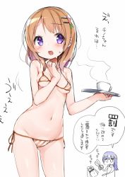 2girls bikini blush brown_hair cup gochuumon_wa_usagi_desu_ka? hair_ornament hairclip hoto_cocoa kafuu_chino long_hair looking_away lowleg lowleg_bikini micro_bikini multiple_girls navel open_mouth purple_eyes rabbit_house_uniform scissors shiina_2265 short_hair side-tie_bikini_bottom simple_background sweat swimsuit tousaki_shiina translation_request tray white_background rating:Sensitive score:33 user:danbooru