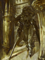  1girl animal_ears animal_nose armor bikini_armor breasts commentary_request covered_navel denchou dual_wielding fantasy floating_hair full_body furry furry_female gauntlets greaves highres holding holding_polearm holding_weapon knight lance long_hair looking_at_viewer medium_breasts monochrome original painterly pants pauldrons pillar polearm reflective_floor shadow shoulder_armor solo straight-on tail turning_head very_long_hair walking walking_towards_viewer weapon wind yellow_theme 