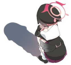  1girl black_hat black_shirt black_shoes black_wings blue_archive cat_shadow_puppet_(meme) facing_away halo hat hato_haru head_wings highres koharu_(blue_archive) penis_shadow pink_hair pink_halo red_skirt sexually_suggestive shadow shirt shoes simple_background skirt socks solo squatting white_background white_socks wings 