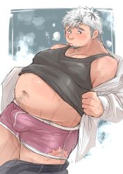  absurdres another_eidos-r bara blue_eyes blush commentary_request company_employee_(another_eidos) facial_hair fat highres koginoro male_underwear pink_male_underwear shirt simple_background sleeveless sleeveless_shirt sweat underwear white_hair white_shirt 