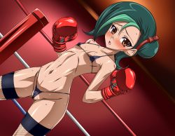 1girl bare_shoulders bdsm bikini black_bikini black_thighhighs blush body_blush bondage bound boxing_gloves boxing_ring breasts brown_eyes cameltoe cleavage covered_erect_nipples fat_mons female_focus fishnet_thighhighs fishnets gloves green_hair hair_bun hair_ornament hair_ribbon hajime_shindo highres konami lips micro_bikini mizuki_kotori_(yu-gi-oh!) multicolored_hair navel partially_visible_vulva pink_lips red_background red_gloves ribbon shiny_clothes shiny_skin side_hair_bun sideboob single_hair_bun small_breasts solo sweat swimsuit thick_thighs thighhighs thighs tongue two-tone_hair underboob yu-gi-oh! yu-gi-oh!_zexal rating:Explicit score:50 user:BigStudBen